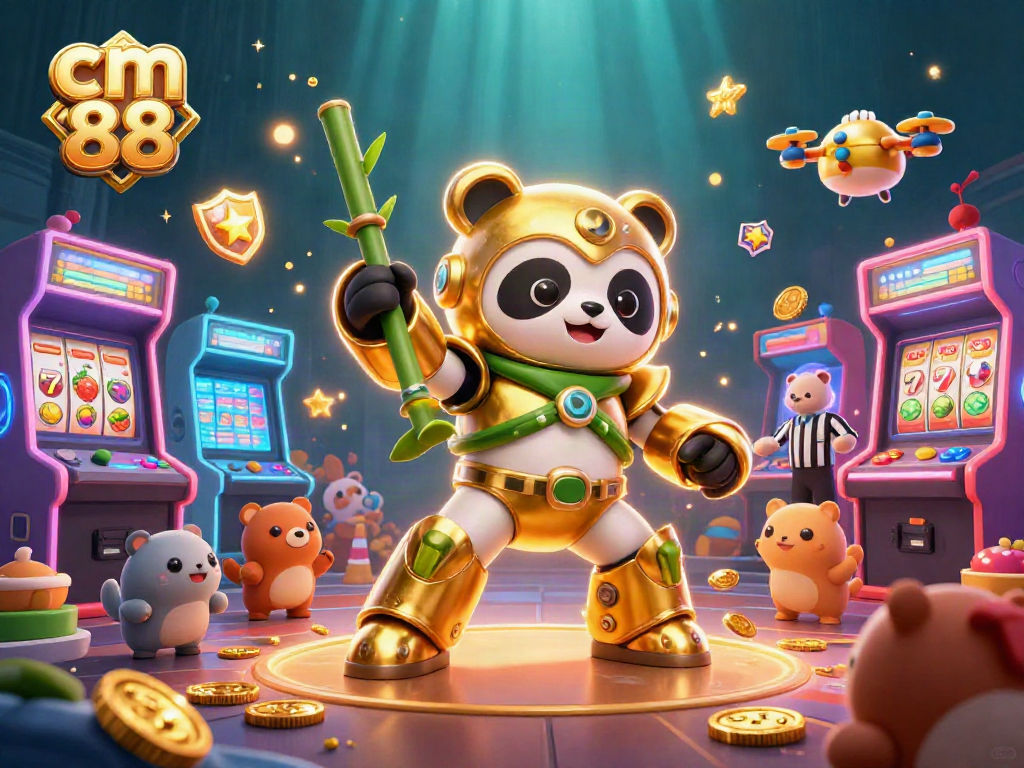 Engage in dynamic gameplay with cm 88's golden panda pilot in a vibrant casino arcade setting.