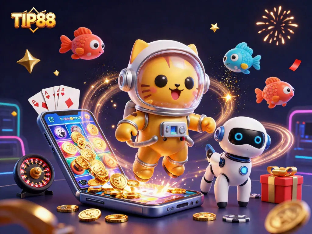 Experience thrilling games at TIP88 with immersive visuals of slot games and dynamic characters in a vivid casino universe.