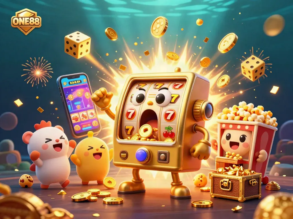 ONE88 slot machine hits jackpot with gold coins pouring out, creating an exciting casino scene.