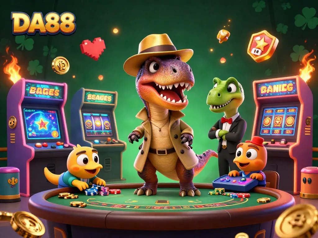 DA88 showcases a 3D velociraptor card counter in an epic casino scene, blending gambling with playful cartoon elements.