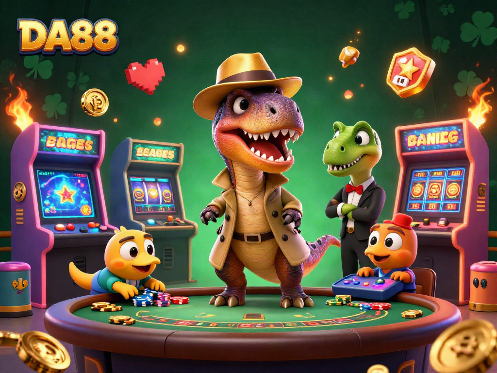 DA88 showcases a 3D velociraptor card counter in an epic casino scene, blending gambling with playful cartoon elements.
