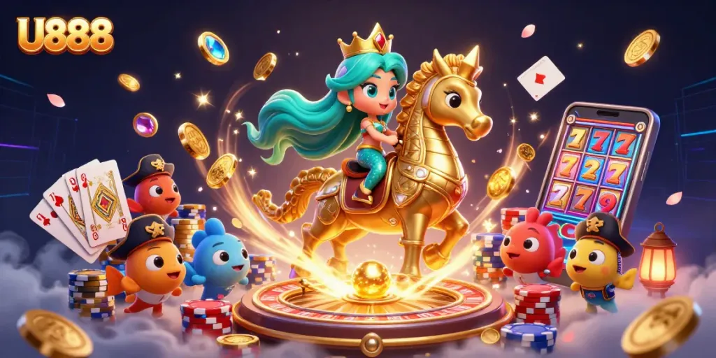 Experience the thrill of U888 with vibrant mermaid gaming alongside colorful casino elements.