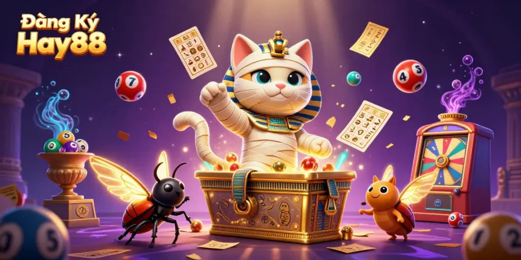 Engage in thrilling play with Đăng Ký Hay88 as a cartoon mummy cat bursts from a sarcophagus in a colorful casino.