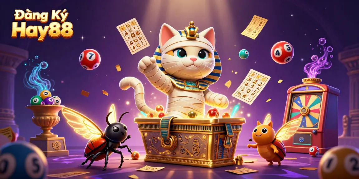 Engage in thrilling play with Đăng Ký Hay88 as a cartoon mummy cat bursts from a sarcophagus in a colorful casino.