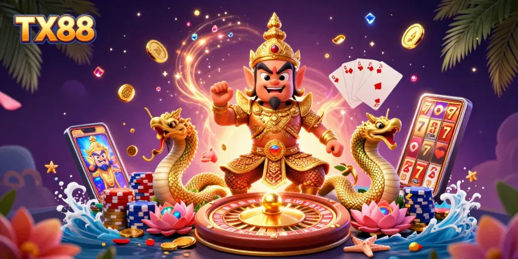 Engage in thrilling gameplay at TX88, featuring vibrant guardians and dynamic casino elements.