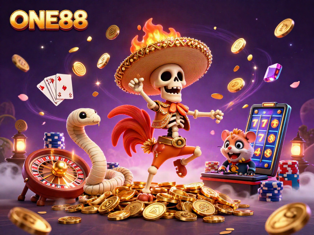 ONE88 showcases a lively victory dance scene with animated characters amidst dynamic casino elements.