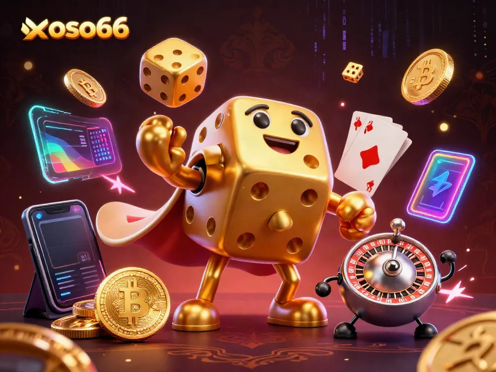 Experience the thrill of xoso66 with an animated golden dice golem and vibrant casino elements.