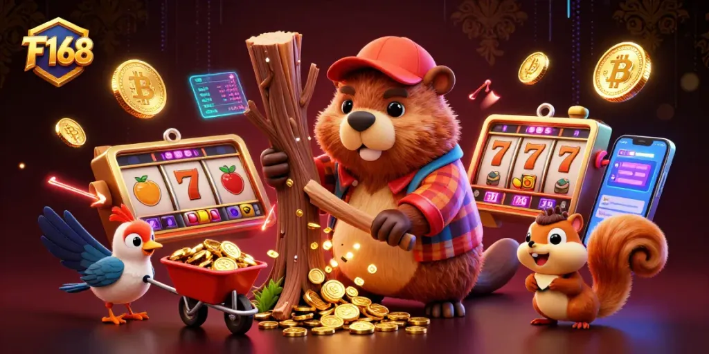 Win with luck at F168's casino where golden coins rain from trees amidst vibrant slot reels.