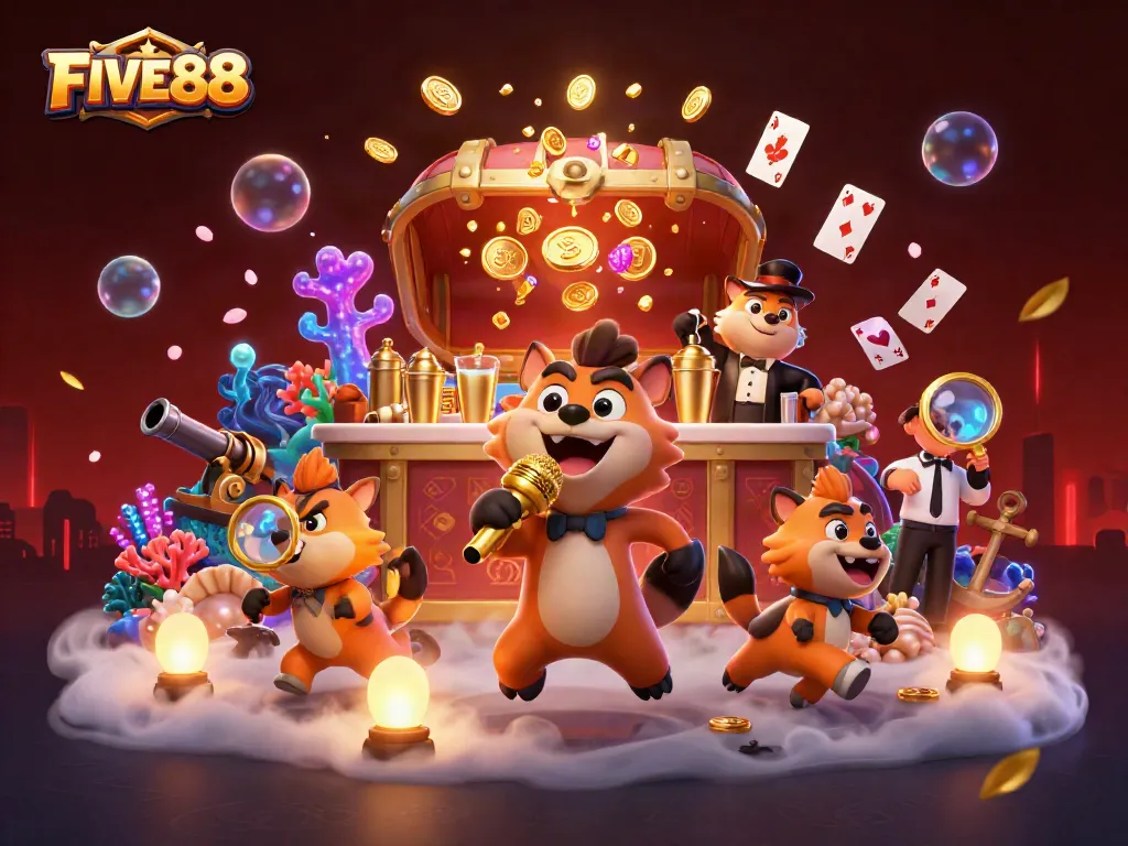 Join the fun at FIVE88 with the hyena crew at a lively comedy casino scene filled with treasures!