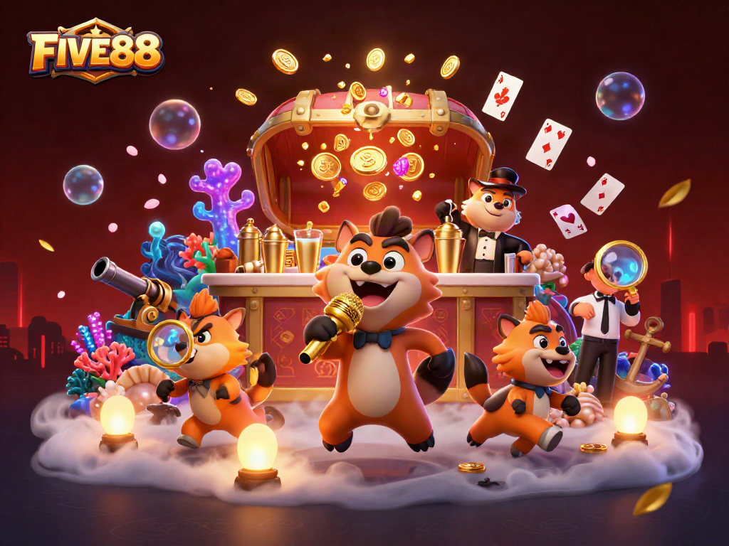 Join the fun at FIVE88 with the hyena crew at a lively comedy casino scene filled with treasures!