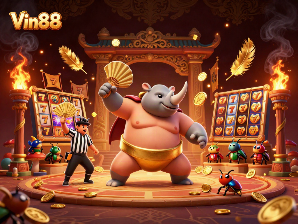 Vin88 showcases a thrilling cartoon scene with a beetle champion launching golden coins in an exciting slots battle.
