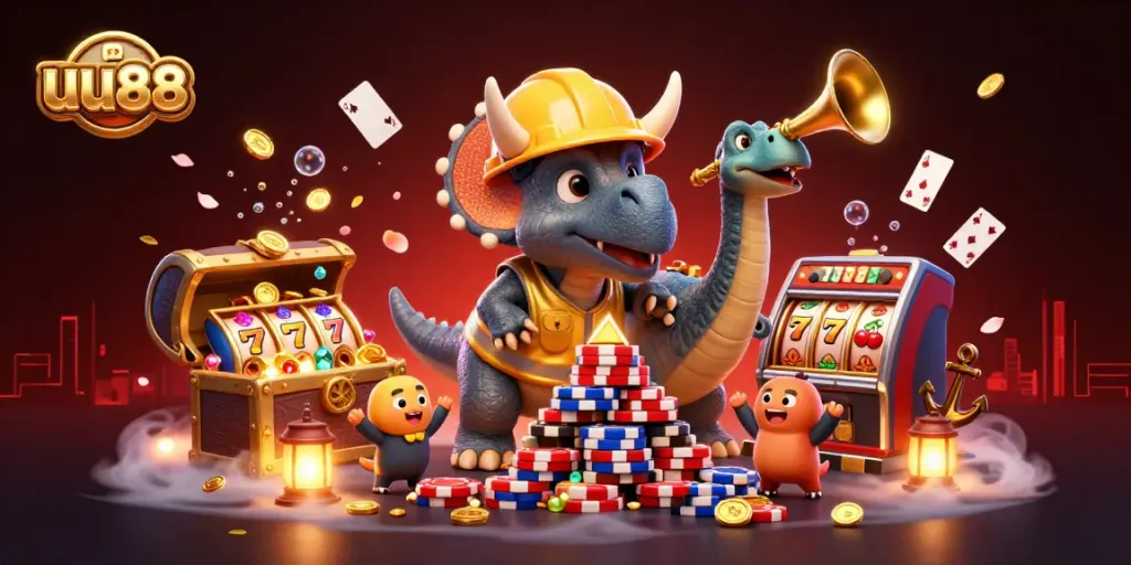 Celebrate thrilling slots action with uu88 as a triceratops constructs towering poker chips.