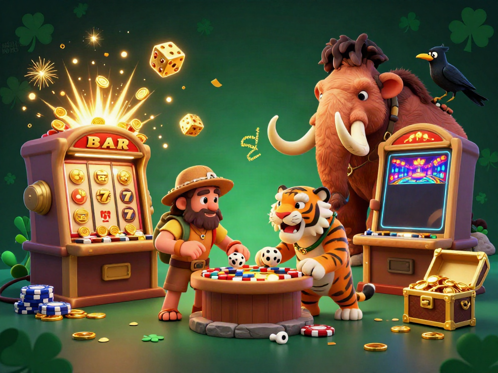 Experience the excitement of Nổ Hũ with cavemen and a sabertooth tiger running a casino amidst flying jackpots and rich treasures.