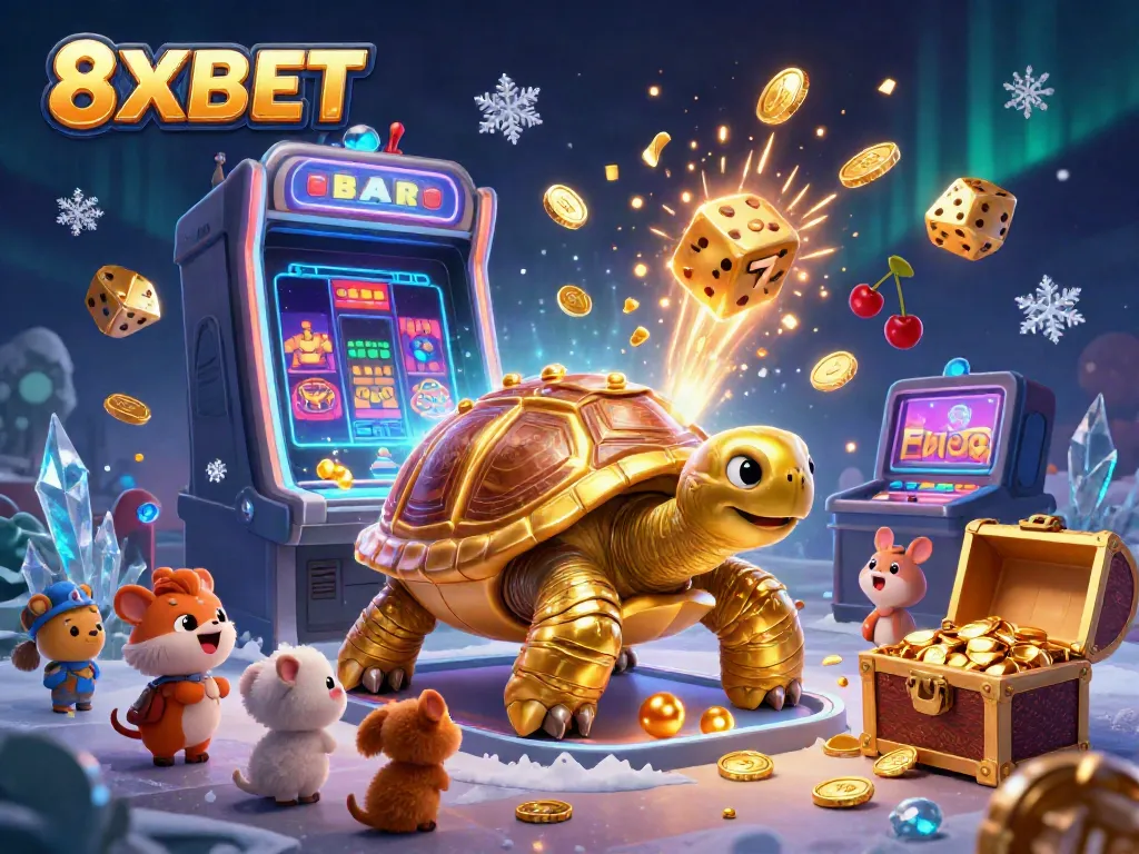 Play at 8XBET with a colossal golden tortoise and exciting slot machine features bursting with colors.