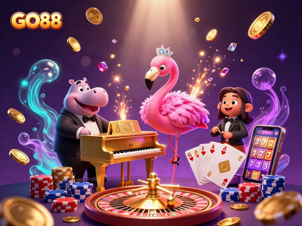 Experience the excitement of GO88 casino gaming with a lively illustration showcasing vibrant characters and casino elements.