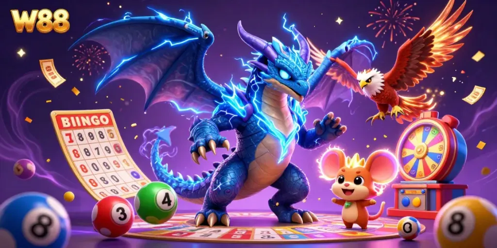 Engage with thrilling W88 gaming action, featuring a dynamic 3D scene of colorful elements symbolizing excitement and luck.
