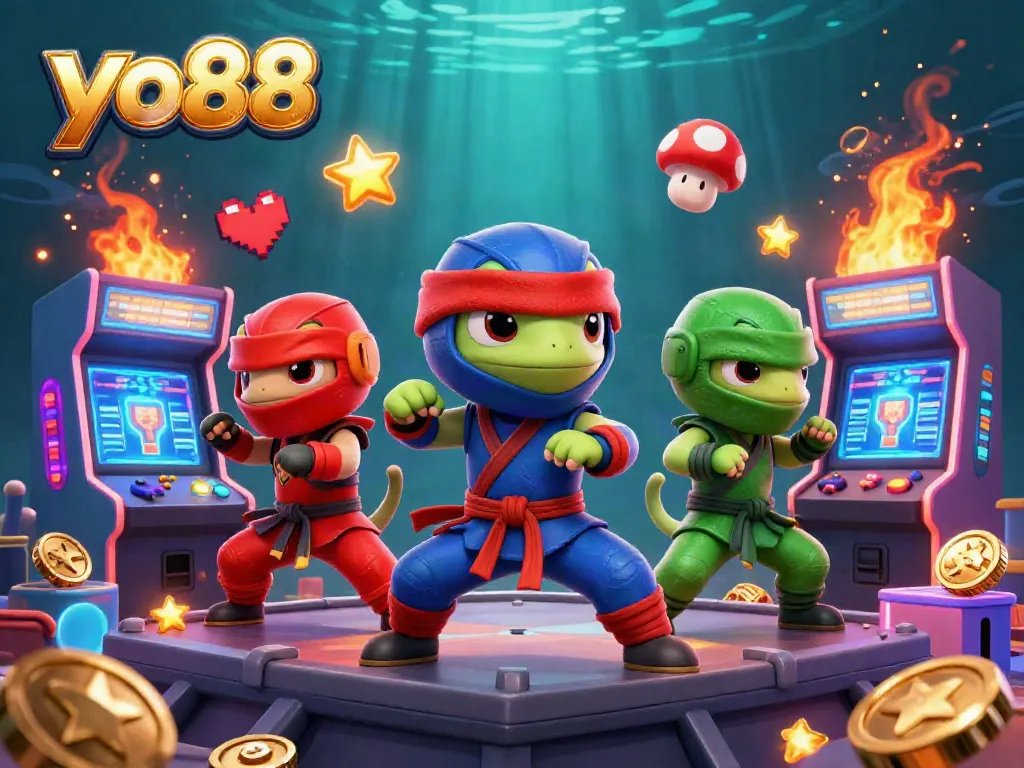 Engage with yo88's dynamic theme as chameleons perform martial arts over arcade screens in vibrant colors.