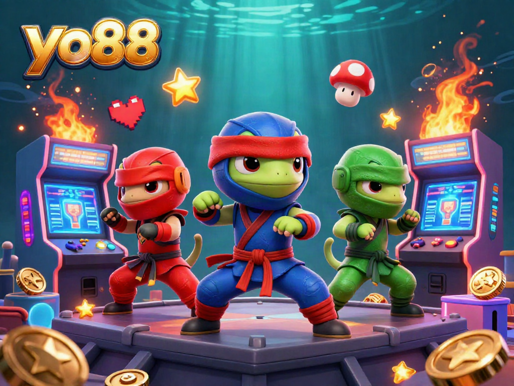 Engage with yo88's dynamic theme as chameleons perform martial arts over arcade screens in vibrant colors.