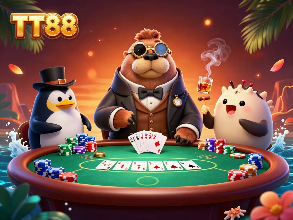 Experience the vibrant underwater casino world of TT88 with colorful poker characters and dynamic action.