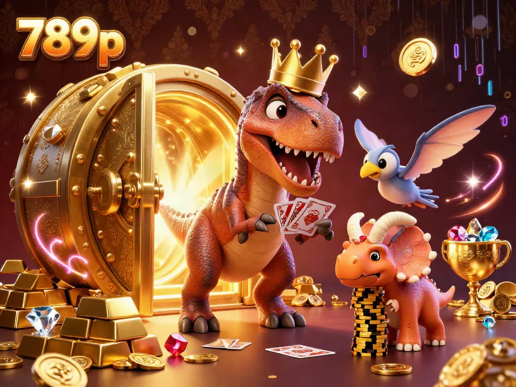 Experience the thrilling action at 789p as colorful characters shuffle cards and stack golden chips in a vibrant casino scene.