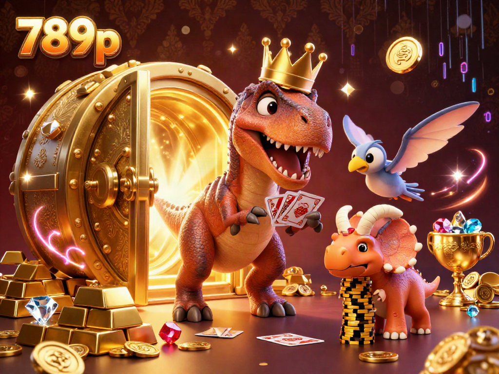 Experience the thrilling action at 789p as colorful characters shuffle cards and stack golden chips in a vibrant casino scene.