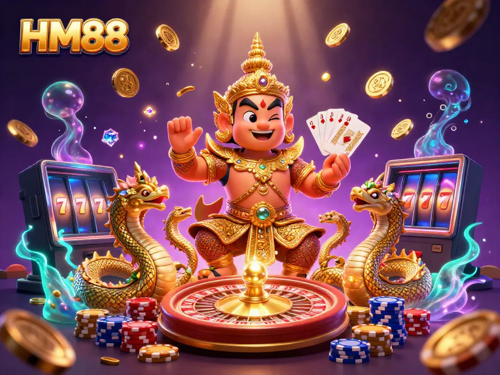 Experience thrilling gameplay at HM88 with a friendly yaksha guardian and vibrant casino elements.