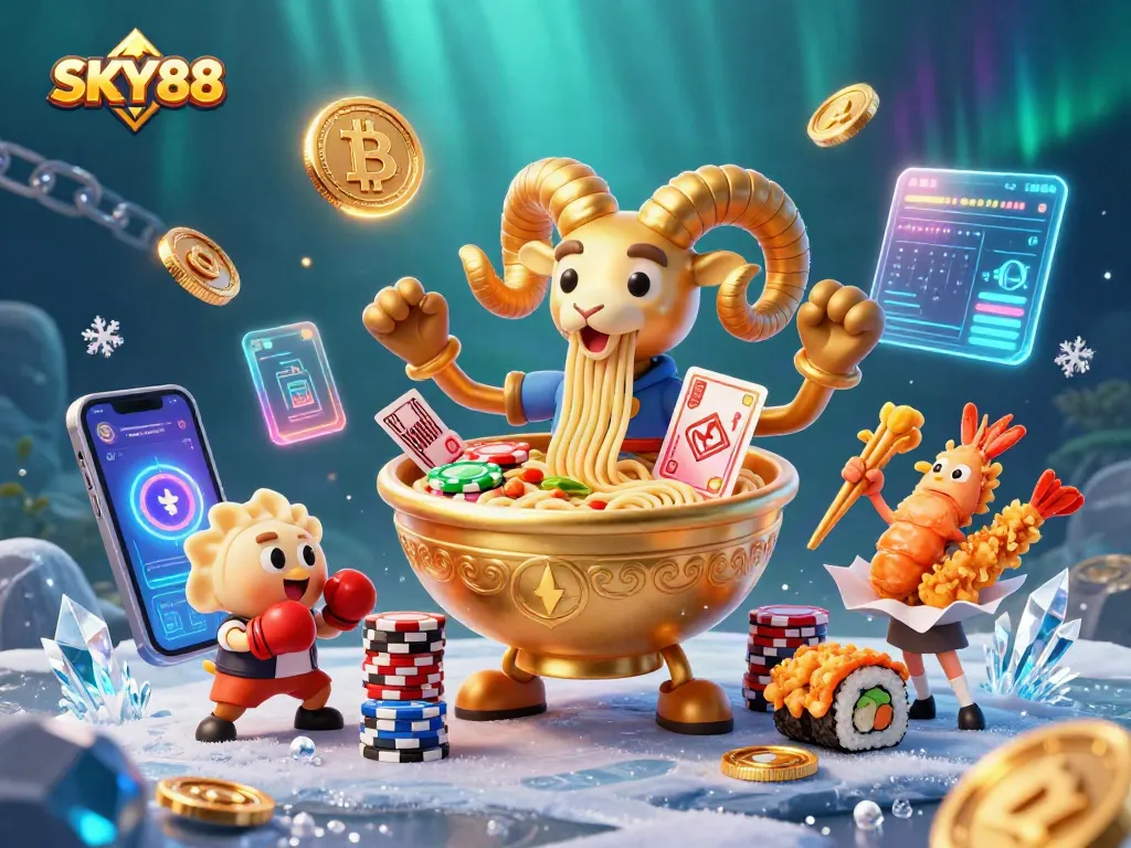 SKY88 features a golden ramen bowl dealing cards amidst vibrant gaming elements in a cartoon casino scene.