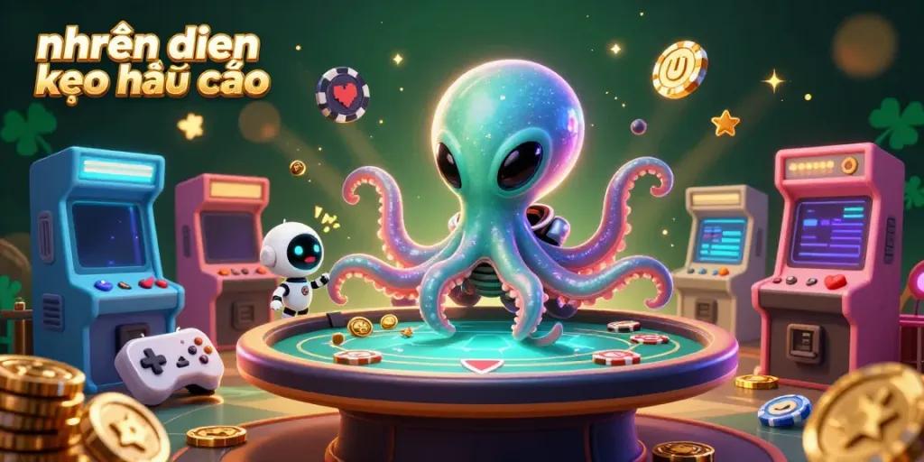 Engaging 3D casino scene showcasing an alien octopus working at a poker table while promoting nhận định kèo nhà cái.