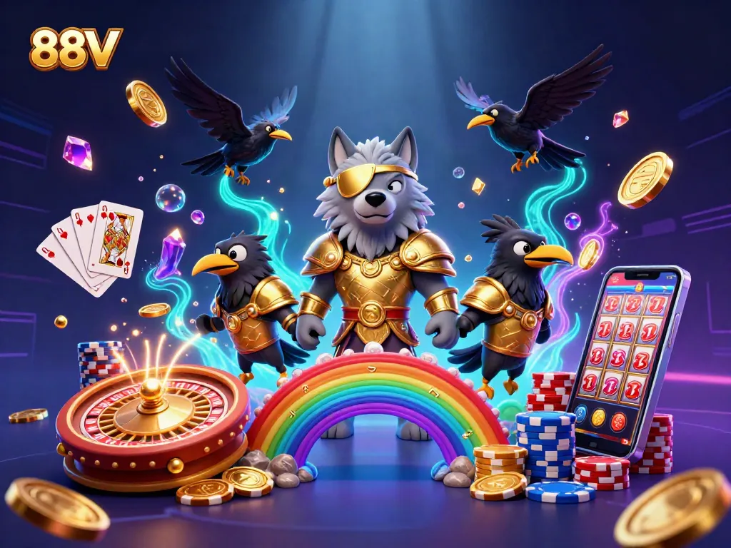 Experience the thrill of 88VV with a dynamic casino scene featuring Odin and ravens, dazzling symbols, and vibrant gaming excitement.