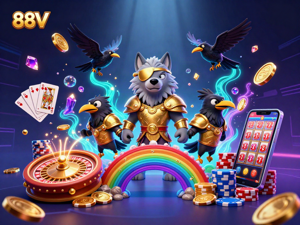 Experience the thrill of 88VV with a dynamic casino scene featuring Odin and ravens, dazzling symbols, and vibrant gaming excitement.