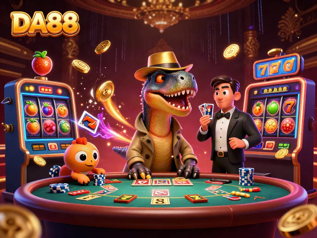 DA88 creates a vibrant casino atmosphere with a velociraptor counting cards and a stegosaurus pit boss overseeing action.