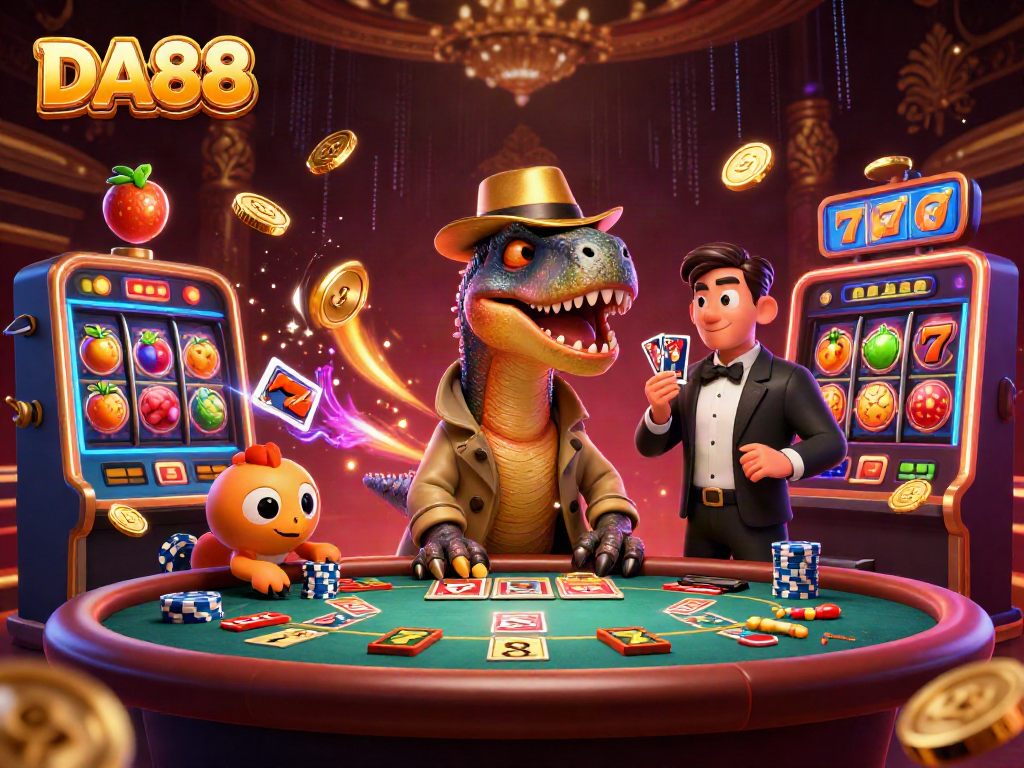 DA88 creates a vibrant casino atmosphere with a velociraptor counting cards and a stegosaurus pit boss overseeing action.
