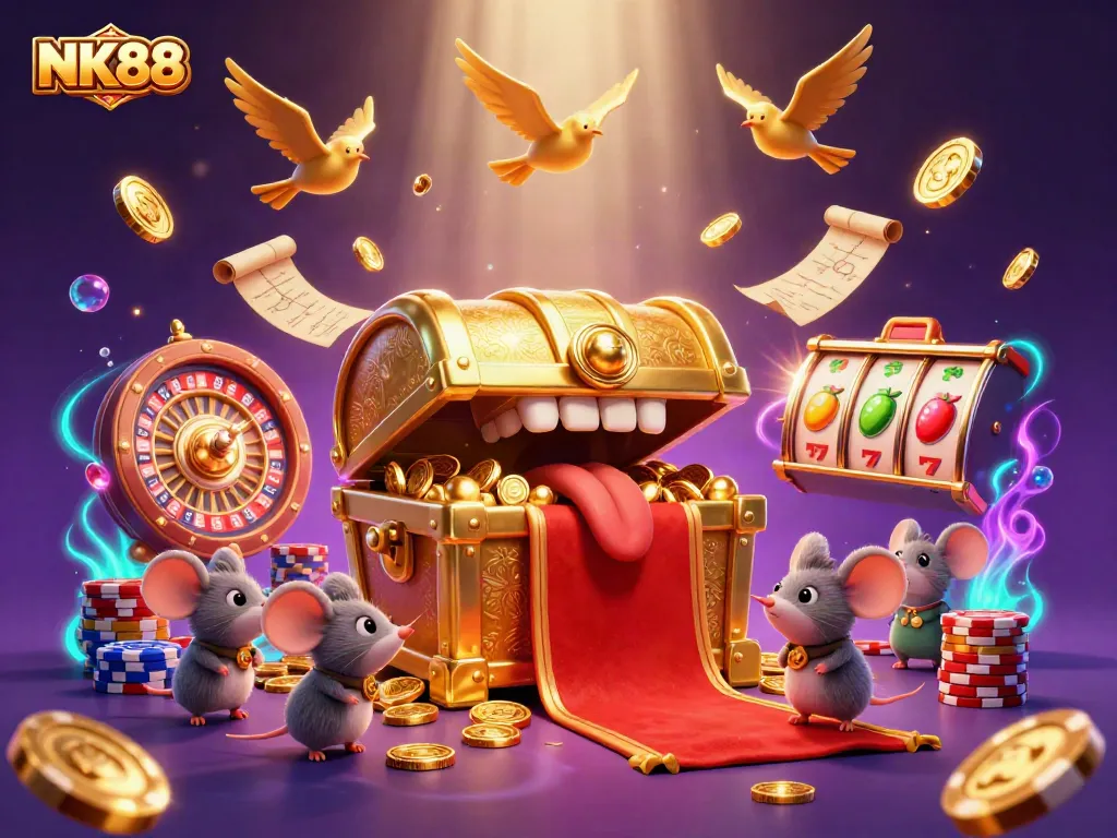 Engage in winning strategies with NK88's vibrant casino gaming scene featuring treasures and dynamic slots.