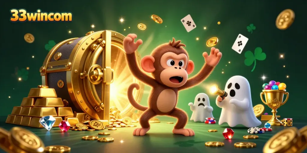 Experience thrilling action at 33wincom as a playful poltergeist monkey juggles gold in an exciting casino.