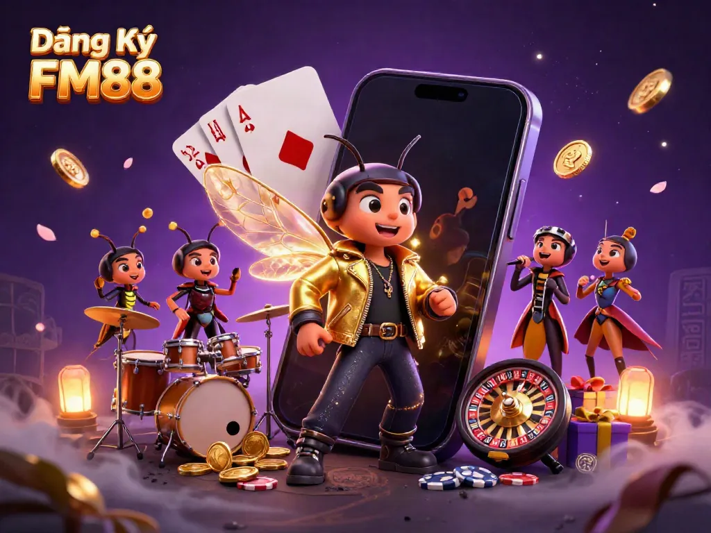 Experience the excitement of Đăng Ký FM88 with a vibrant 3D rock star casino scene.