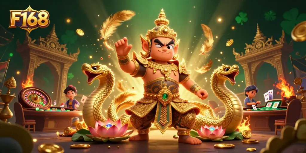 Engage with F168's vibrant casino atmosphere featuring friendly guardian characters and dynamic game elements.