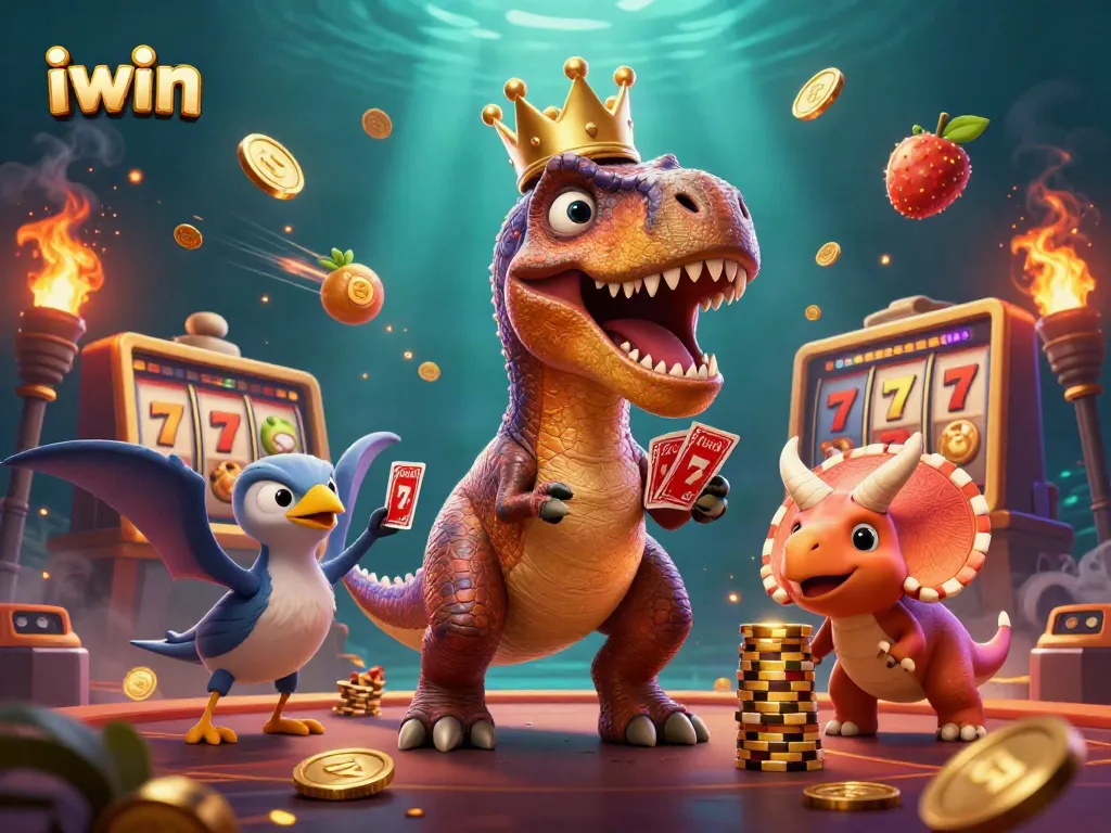 Engage in thrilling iwin casino adventures with animated dinosaurs in a vibrant gambling scene.