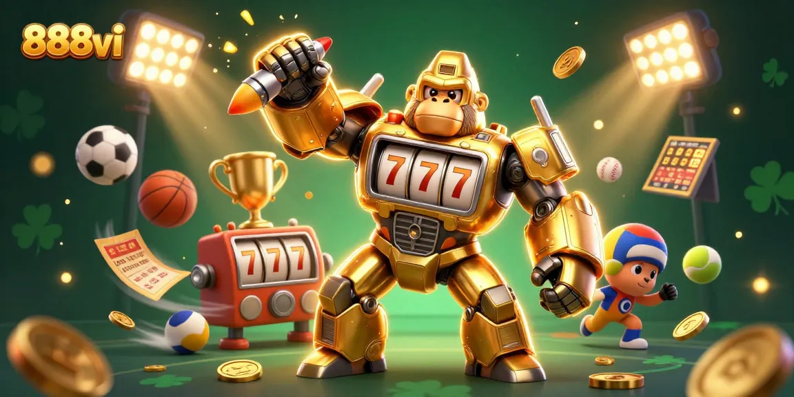 Experience thrilling gameplay at 888vi with a vibrant 3D illustration featuring dynamic baseballs and slot machine elements.