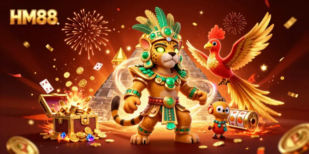 Experience the vibrant world of HM88 with the Mayan jaguar priest and gaming elements for an unforgettable gaming adventure.