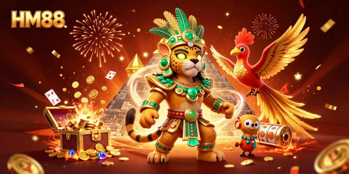 Experience the vibrant world of HM88 with the Mayan jaguar priest and gaming elements for an unforgettable gaming adventure.