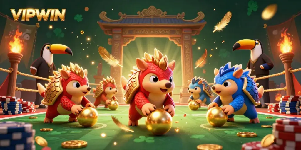 VIPWIN pangolins rolling into golden balls amidst poker chips in a lively casino setting.