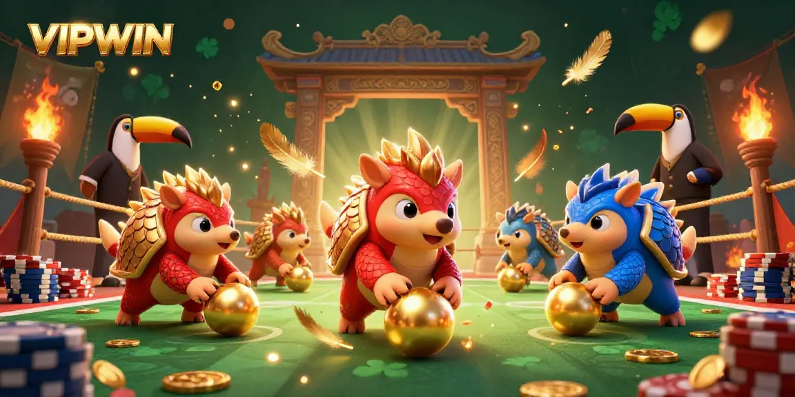 VIPWIN pangolins rolling into golden balls amidst poker chips in a lively casino setting.