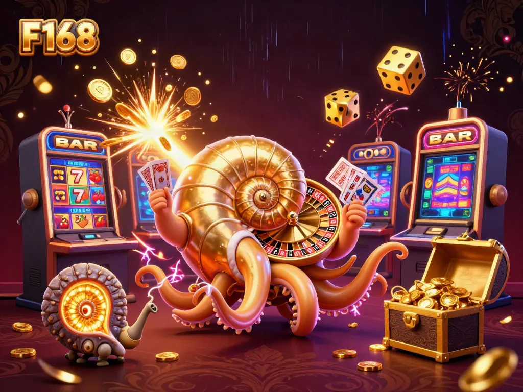 Engage with thrilling F168 casino games, showcasing a dynamic scene of vibrant slot machines and winning cards.