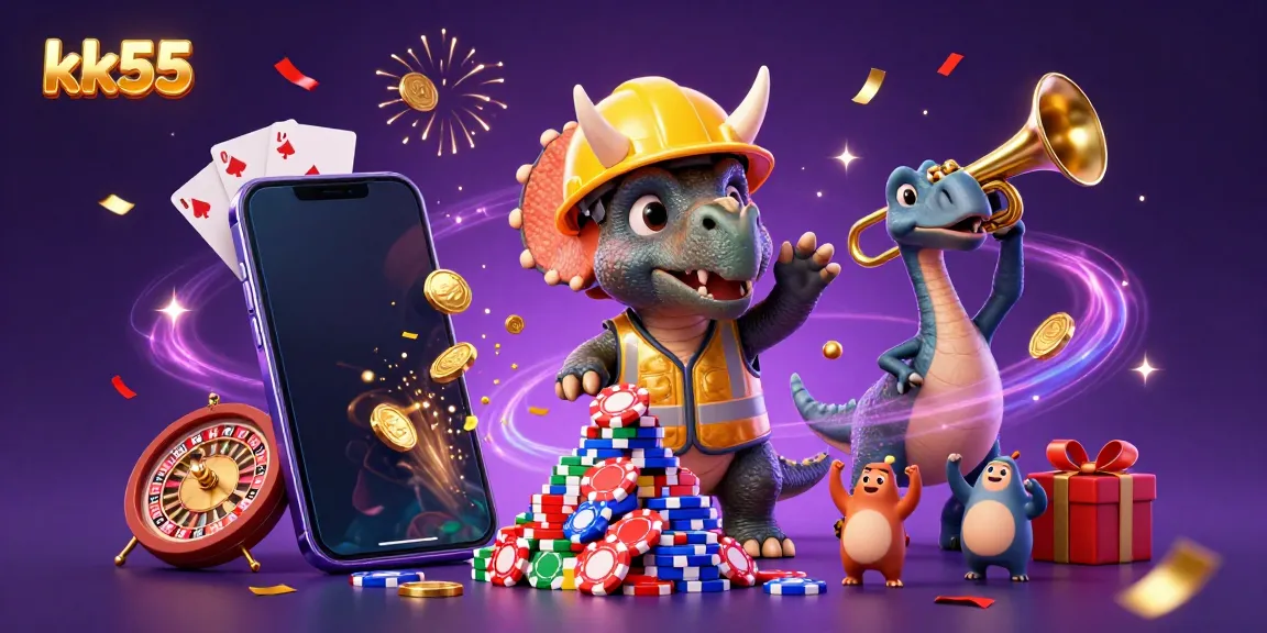 Celebrate with kk55 as cartoon dinosaurs build poker chip pyramids amidst dynamic casino games.