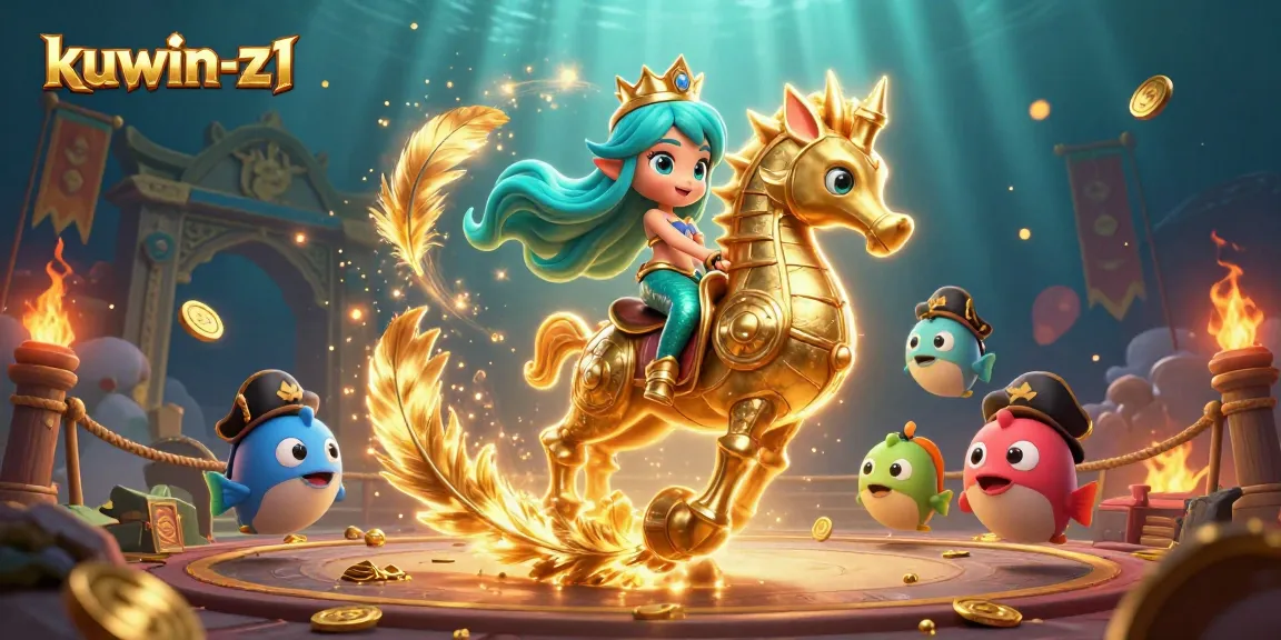 Engage with kuwin-z1's vibrant underwater adventure featuring a mermaid, seahorse, and gaming elements.