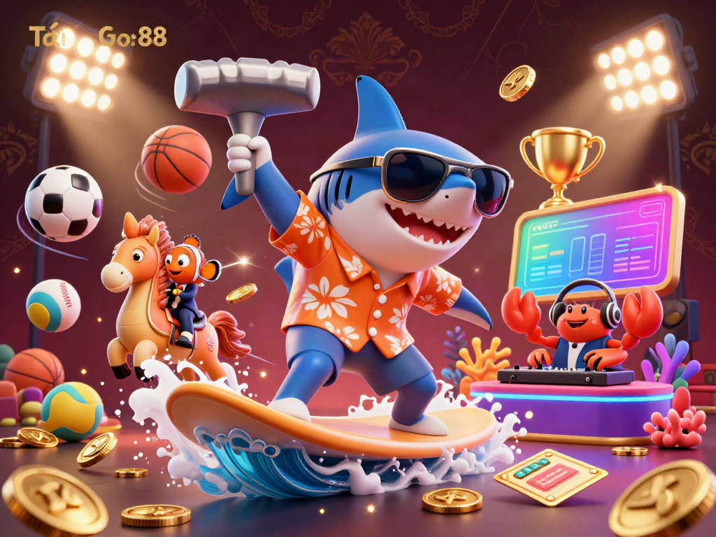 Tải Go 88 with a playful shark and seahorse amidst a dynamic casino scene featuring gold coins and sports elements.