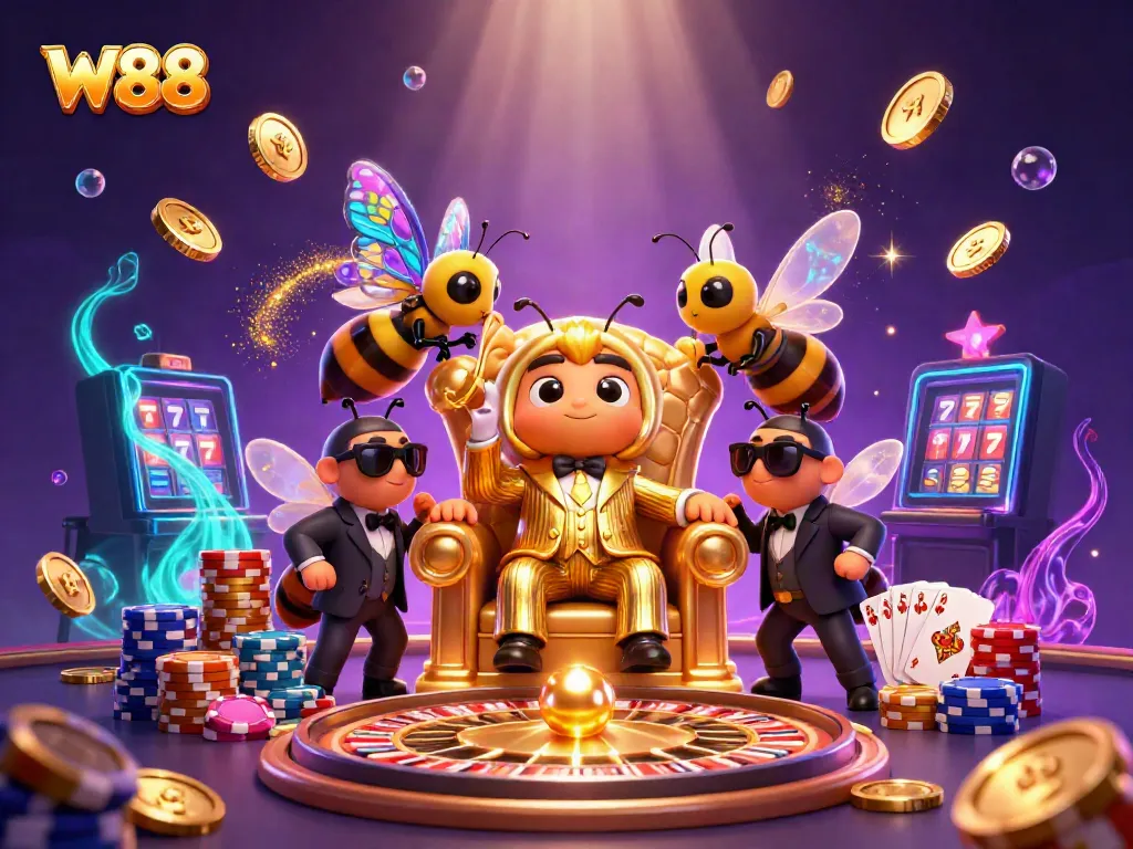Experience the thrill of W88 casino with a bumblebee mob boss surrounded by games, gold coins, and vibrant energy.