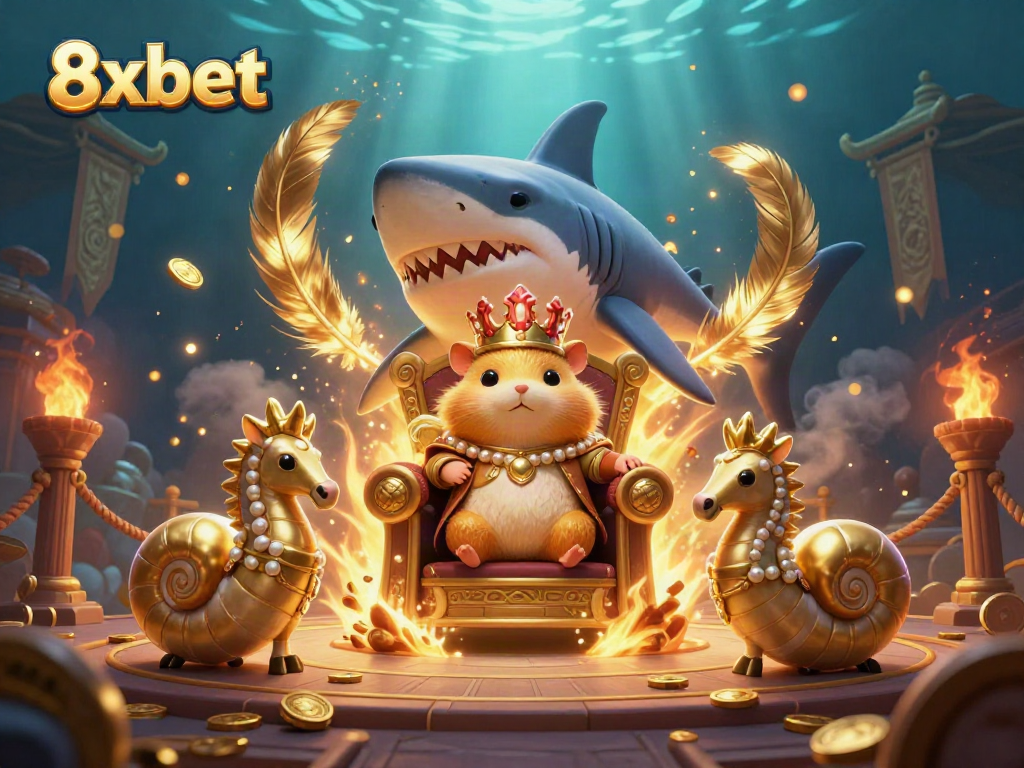 Experience thrilling action with 8xbet, featuring a captivating scene of a golden hamster king surrounded by unique aquatic characters.