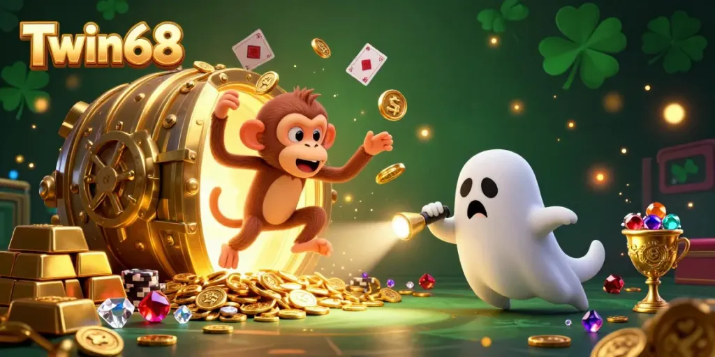 Twin68's vibrant haunted casino with a playful poltergeist monkey and a curious puppy chasing golden treasures.