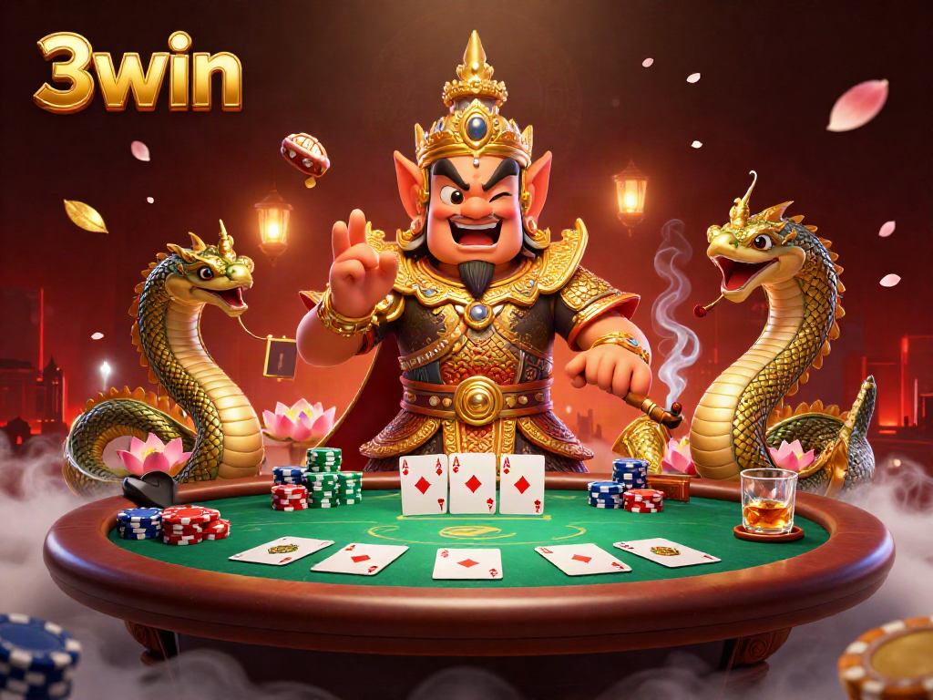 Engage with the vibrant 3win gaming experience featuring a Thai guardian and poker elements.